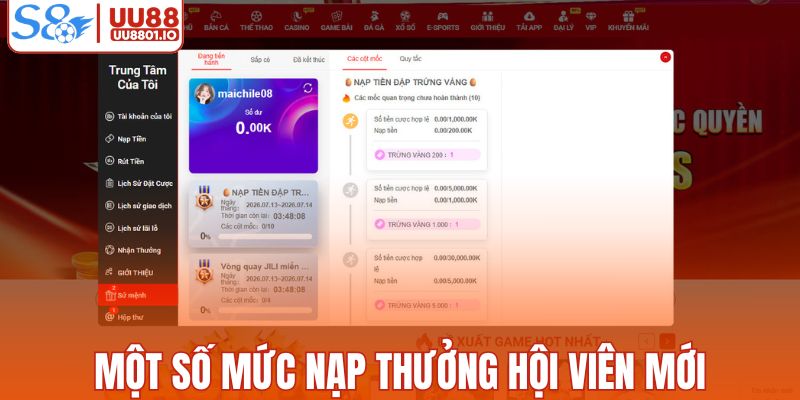 Một số mức nạp trong ưu đãi thưởng hội viên mới