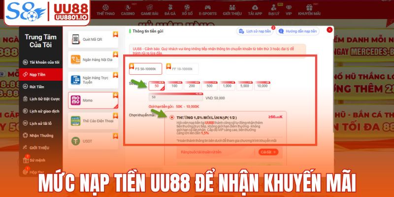 Mức nạp tối thiểu để nhận khuyến mãi nhà cái UU88