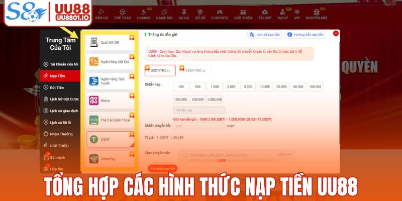 Tổng hợp phương thức nạp tiền nhà cái UU88